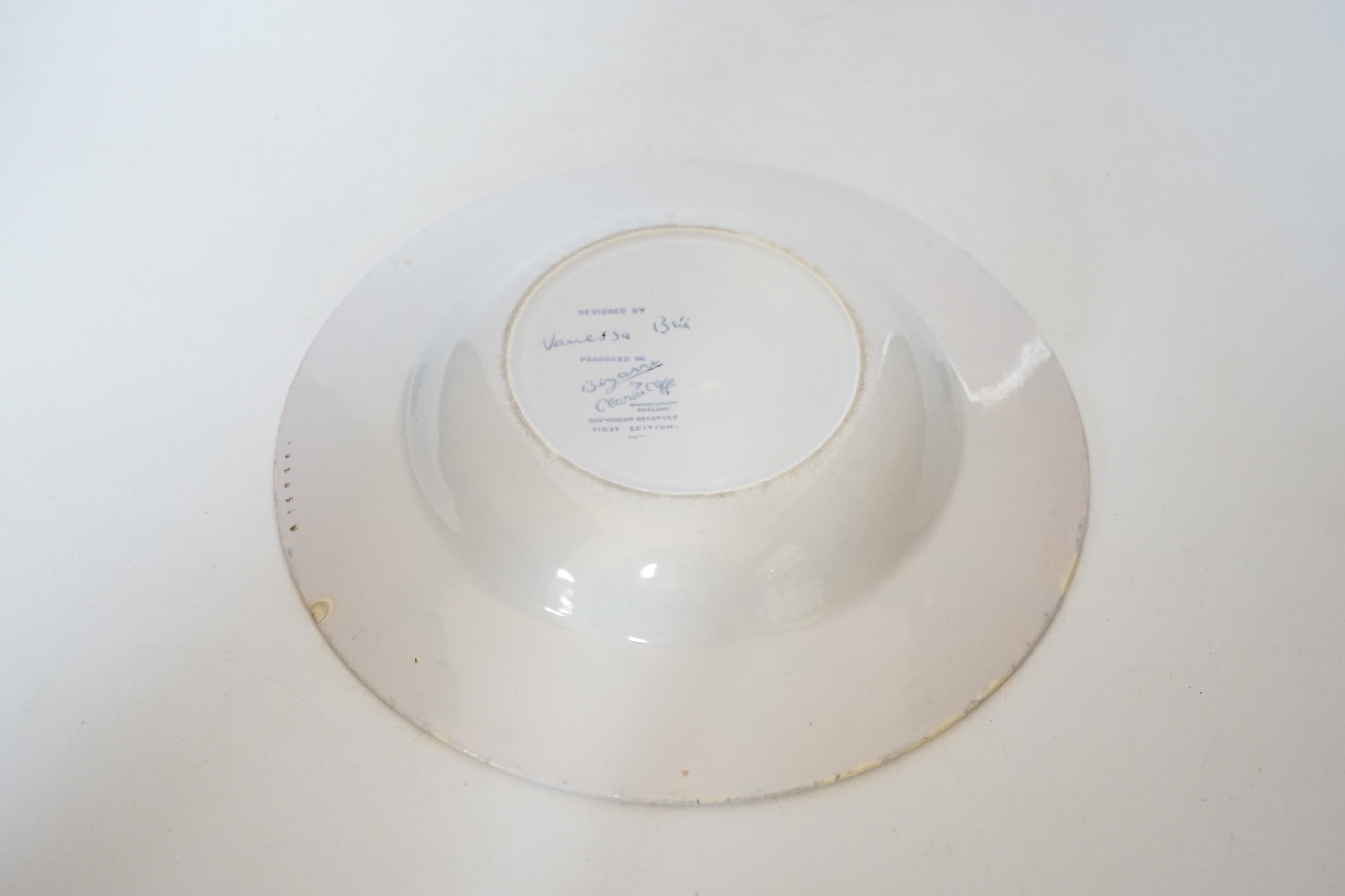 Vanessa Bell design blue and white soup dish,’ produced in Bizarre by Clarice Cliff, Wilkinson Ltd England, First Edition’, stamp to base, 23cm in diameter